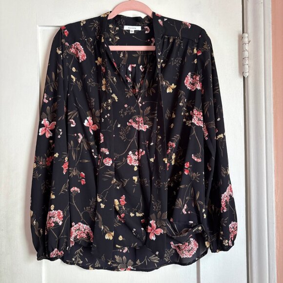 Pleione Black Floral Blouse Long Sleeve Tie Neck Top Size M - Picture 3 of 4